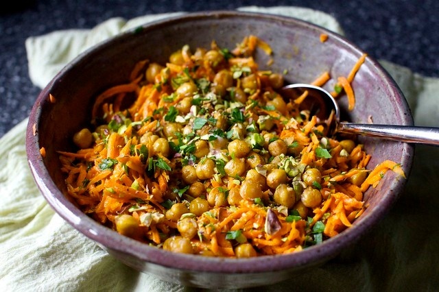 carrot salad with lemon, tahini, crispy chickpeas