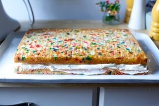 confetti sheet cake, stacked and filled