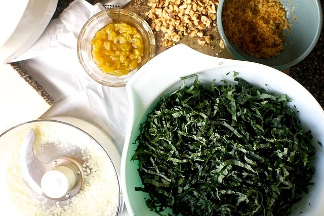 pecorino, plumped raisins, walnuts, crumbs, kale